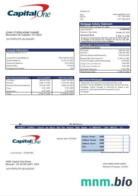 USA Capital One Bank wyciąg z kredytu hipotecznego w formatach Word i PDF